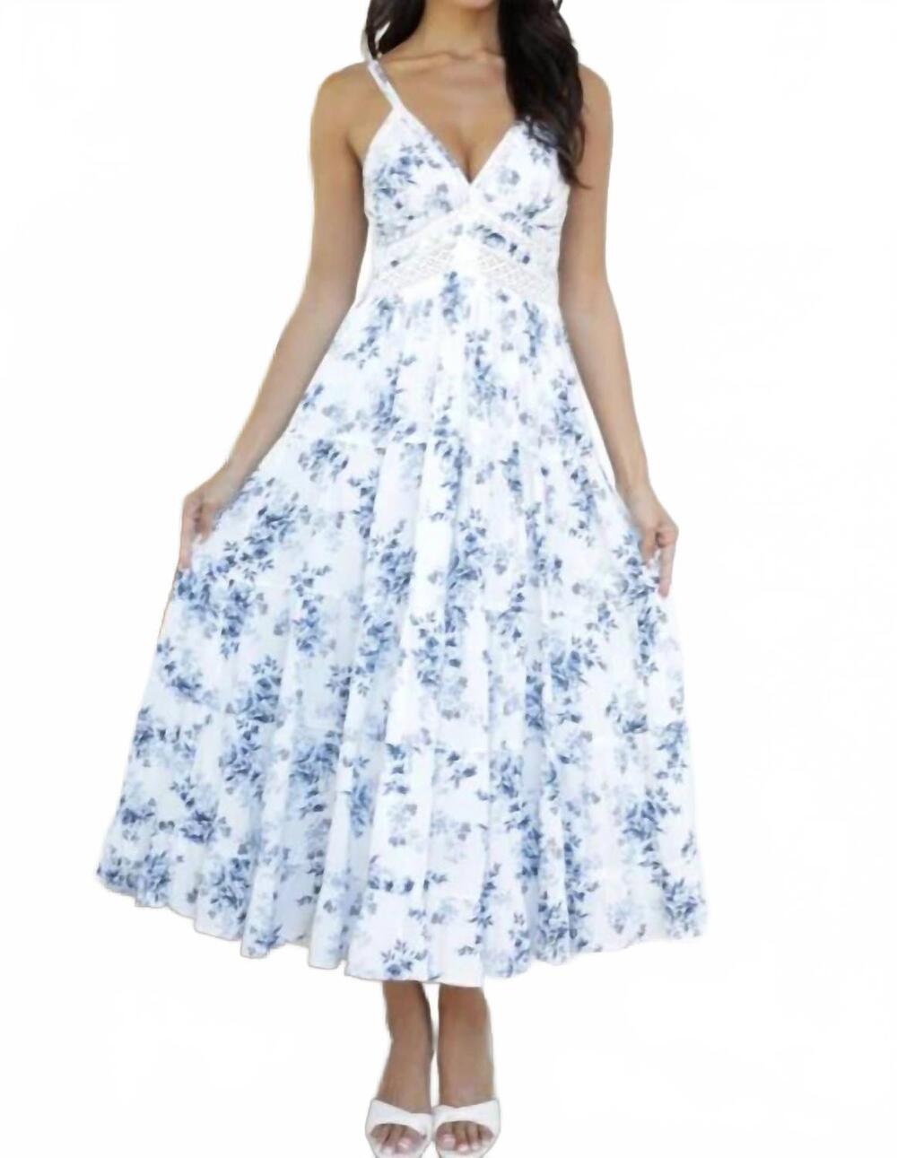 NEW ANGIE v-neck lace trim printed maxi dress in white